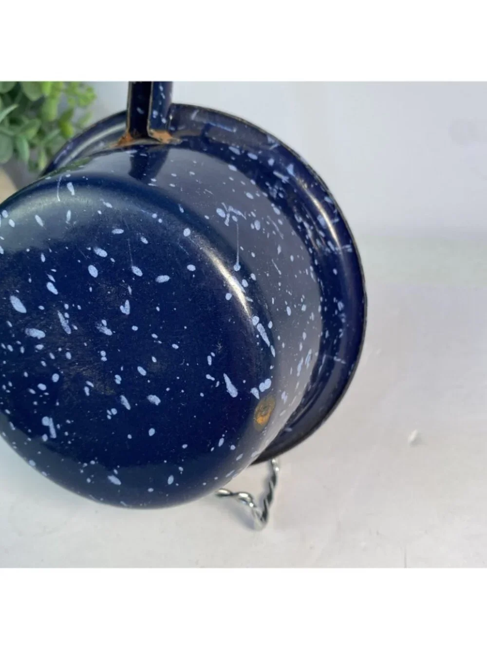 Vintage Blue Speckled Enamelware Farmhouse Dipper Ladle Decor Flat Bottom